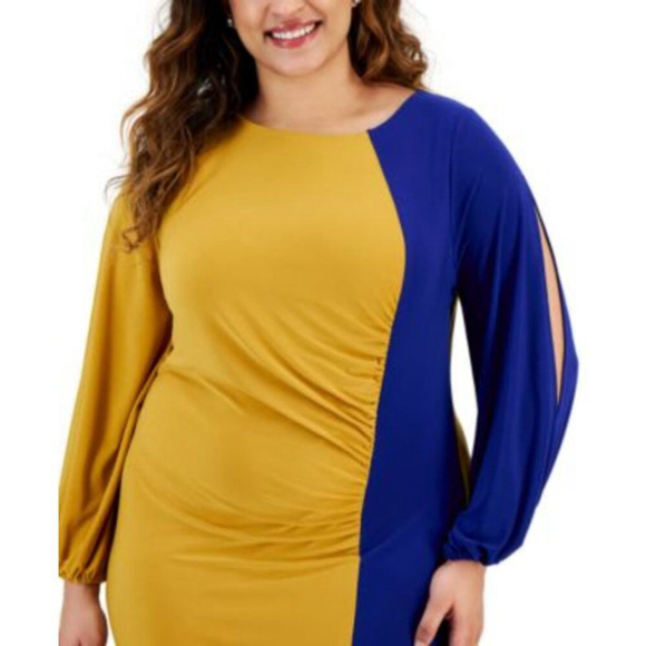 KASPER Plus Size Quinn Blue and Gold Colorblocked Split-Sleeve Dress NWT - Picture 2 of 7